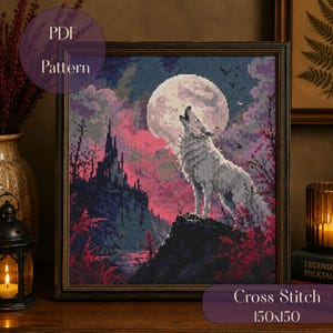 Wolf Cross Stitch Pattern PDF, Howling Wolf Moon Pattern, Gothic Fantasy Landscape, Castle Cross Stitch, Dark Cottagecore, 150x150 PDF