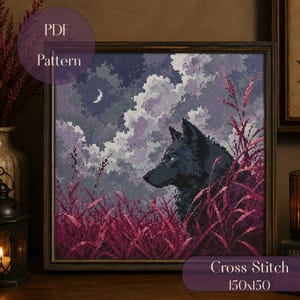 Wolf Cross Stitch Pattern PDF, Moonlit Wolf Embroidery Pattern, Gothic Wolf Cross Stitch, Fantasy Forest Landscape Dark Cottagecore, 150x150