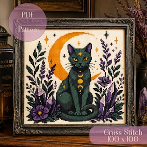 Modèle de point de croix de chat noir (PDF), Grille de broderie de chat sorcière, Point de croix lune céleste, Motif de chat gothique, Décoration d'Halloween 100x100