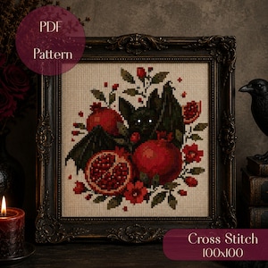 Pomegranate Cross Stitch Pattern PDF, Gothic Fruit Cross Stitch, Dark Academia Embroidery Pattern, Botanical Decor Instant Download, 100x100