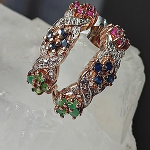Vintage Sterling Gold Ruby Sapphire Emerald & Diamond Chips C Hoof Stud Earring 1" 3.8Grm