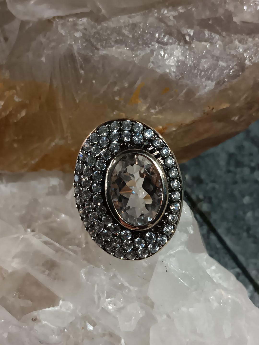 Vintage 18K Gold Silver Lg off Ctr White Sapphire & Czs Unique Design ...