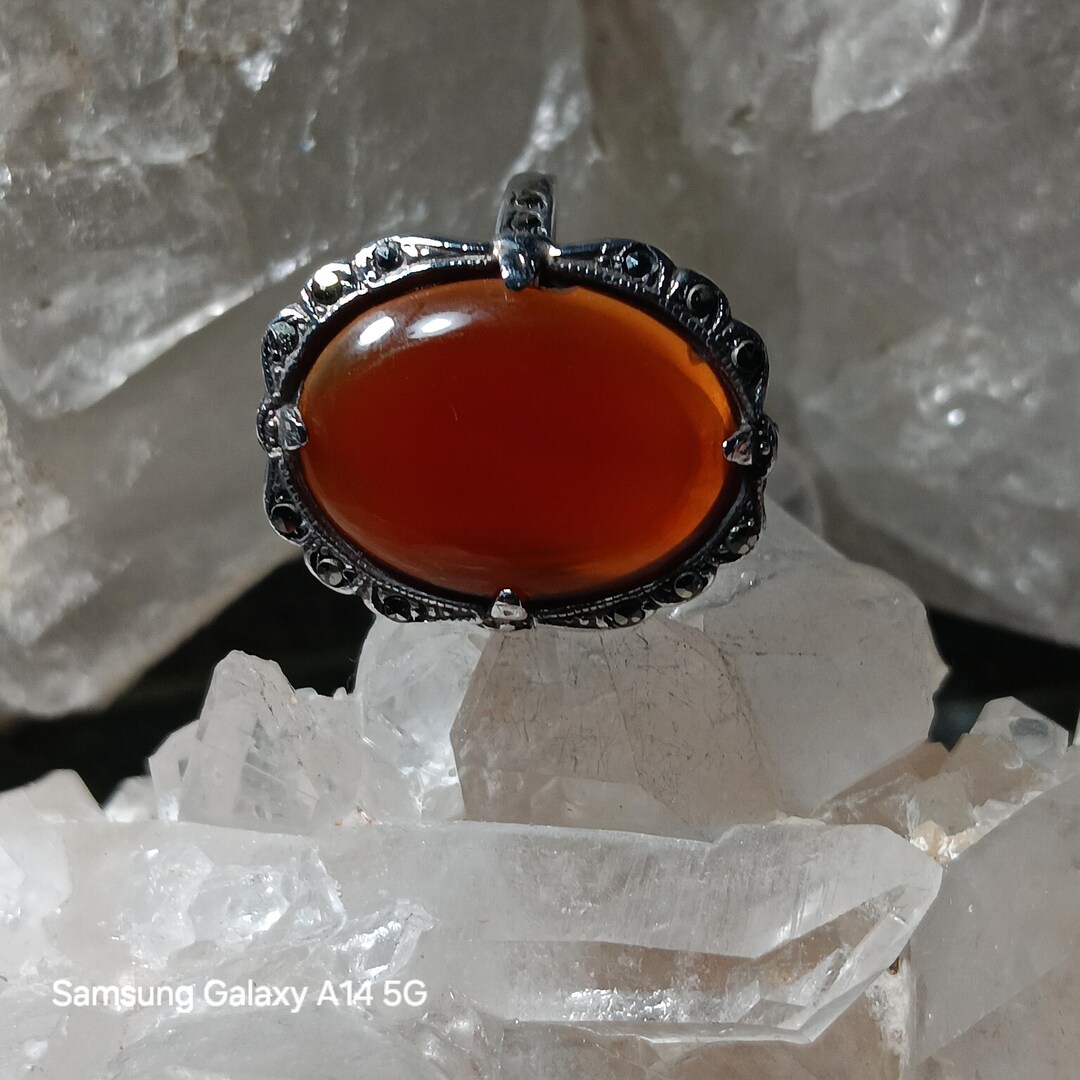 Vintage Art Deco Sterling Silver Oval 20x10mm Carnelian Marcasite Ring ...