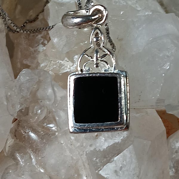 Vintage Sterling Silver Square Onyx Pendant 1.5"x1" 1mm Boxer Chain Necklace