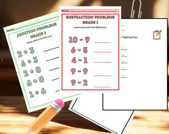 May include: Educational worksheets for Grade 1 math practice. The worksheets include addition and subtraction problems with space to write the answers. A pencil with a pink eraser is also in the image.
