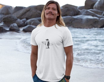 Penguin Surfer T-Shirt Minimal Unisex Graphic Tee Cool Fun Humorous Creative Surfing Apparel Surf Summer Beachwear Novelty Gift