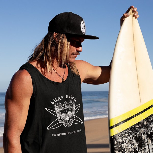 SURF KING WHITE Tank Top Thrill Seeker Wave Rider Empowering Racerback Tee for Man Beach Workout Top Summer Apparel Surfer Boy Gift