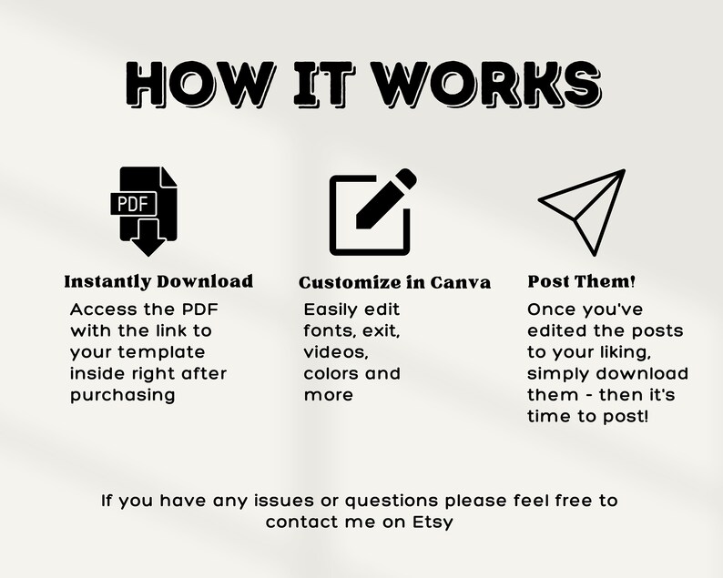 Puede incluir: Un gr&aacute;fico en blanco y negro que muestra c&oacute;mo usar un producto digital. El gr&aacute;fico muestra un icono de PDF, un icono de l&aacute;piz y un icono de avi&oacute;n de papel. El texto dice "Descarga instant&aacute;nea", "Personaliza en Canva" y "&iexcl;Publ&iacute;calos!"