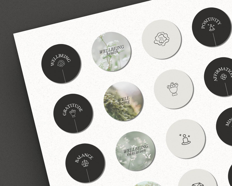 May include: A set of 12 round stickers with various designs and text related to wellbeing. The stickers are black and white with a light gray background. The text on the stickers includes "Wellbeing", "Gratitude", "Balance", "Affirmation", "Positivity", "Wellbeing health", "Wellbeing education", and "Well being".