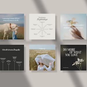 May include: Six square images with text and images. The first image shows a white horse and a person in a blue shirt. The second image shows a diagram with the word "Holistic Beginnings" at the top. The third image shows a hand holding a white flower with the text "Harmony blooms where holistic care takes root." The fourth image shows a black background with the text "Mindfulness Benefits" and a diagram with three circles. The fifth image shows a woman in a white dress with a white veil over her head in a field of wheat with the text "Latham my mind, body, and spirit for holistic well-being." The sixth image shows a black background with the text "DO MORE OF WHAT YOU LOVE" and a white flower.