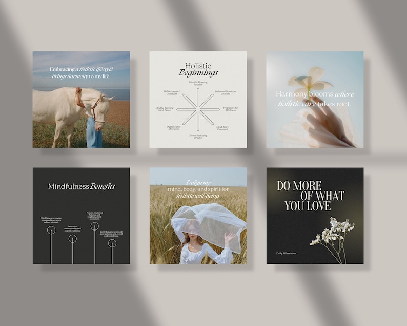 May include: Six square images with text and images. The first image shows a white horse and a person in a blue shirt. The second image shows a diagram with the word "Holistic Beginnings" at the top. The third image shows a hand holding a white flower with the text "Harmony blooms where holistic care takes root." The fourth image shows a black background with the text "Mindfulness Benefits" and a diagram with three circles. The fifth image shows a woman in a white dress with a white veil over her head in a field of wheat with the text "Latham my mind, body, and spirit for holistic well-being." The sixth image shows a black background with the text "DO MORE OF WHAT YOU LOVE" and a white flower.