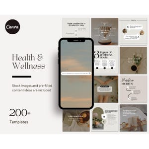 May include: A collection of social media templates for health and wellness content. The templates feature a variety of images and text, including tips for a productive day, types of wellness goals, and positive habits. The templates are designed in a minimalist style with a neutral color palette.