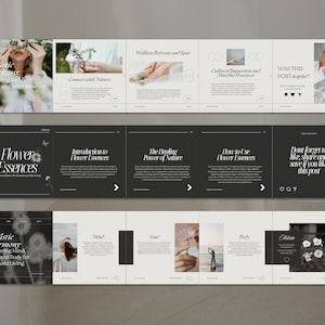 May include: A black and white graphic design with the text "Flower Essences" and a dandelion graphic. The text "Nature's Elixir for Emotional Harmony" is below the main text. The graphic is on a black background.