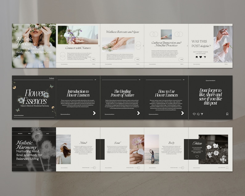 May include: A black and white graphic design with the text "Flower Essences" and a dandelion graphic. The text "Nature's Elixir for Emotional Harmony" is below the main text. The graphic is on a black background.