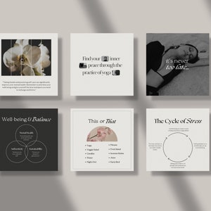 May include: A set of six Instagram post templates for a yoga studio or wellness brand. The templates feature a white orchid, a woman in a yoga pose, a quote about finding inner peace, a diagram of well-being and balance, a "this or that" graphic, and a diagram of the cycle of stress.