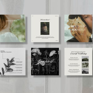 May include: A collage of six images with inspirational quotes and images related to self-care and wellbeing. The images include a woman holding a seashell, a woman in a forest, a floral arrangement, and a diagram of supportive connections.