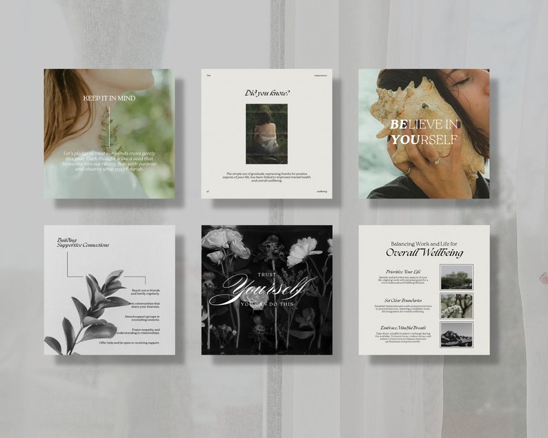 May include: A collage of six images with inspirational quotes and images related to self-care and wellbeing. The images include a woman holding a seashell, a woman in a forest, a floral arrangement, and a diagram of supportive connections.
