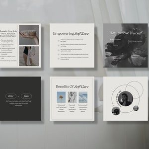 K&ouml;nnte beinhalten: Sechs Instagram-Style-Grafikdesignvorlagen mit Schwarzwei&szlig;bildern und Text. Der Text enth&auml;lt "Rejuvenate Your Body with a Massage Brush for Self-Care", "Empowering Self-Love", "How to Love Yourself", "Benefits of Self-Care", "true or false", und "Invest in Self-Care".