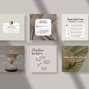 Op de afbeelding: Een set van zes Instagram-story-sjablonen met een neutraal kleurenpalet en een minimalistisch ontwerp. De sjablonen bevatten tekst over welzijn, zelfzorg en positieve gewoontes. De tekst is in een modern, sans-serif lettertype.