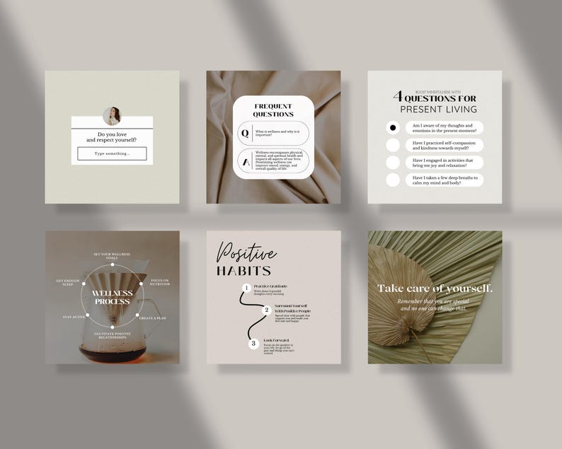 Op de afbeelding: Een set van zes Instagram-story-sjablonen met een neutraal kleurenpalet en een minimalistisch ontwerp. De sjablonen bevatten tekst over welzijn, zelfzorg en positieve gewoontes. De tekst is in een modern, sans-serif lettertype.