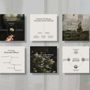 May include: Six Instagram-style square images with a white background and black text. The images feature a dandelion, a person walking in water, a question about holistic living, and a diagram about holistic growth. The text includes phrases like "The Power of Gratitude", "Holistic Wellness", "Spiritual Balance", "Evening Relaxation Ritual", "Is Holistic Living the Key to a Balanced Life?", and "Holistic Growth".