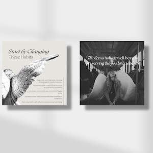 May include: Two black and white images with inspirational quotes about well-being. The first image shows a statue of an angel with wings. The second image shows a woman sitting on a bus with angel wings. The quote in the first image is "Start by Changing These Habits". The quote in the second image is "The key to holistic well-being is preserving the goodness within."
