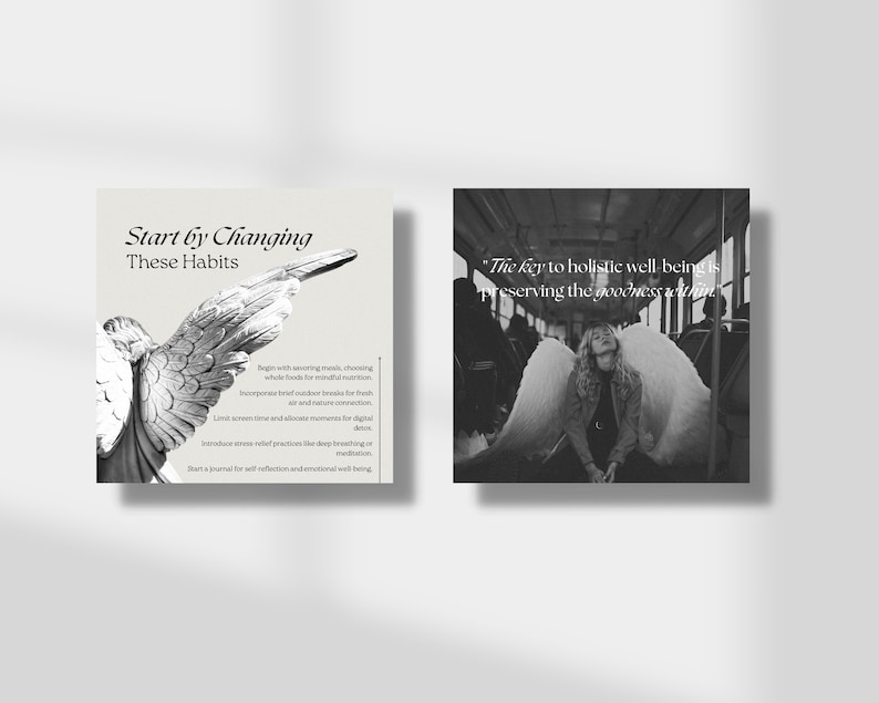 May include: Two black and white images with inspirational quotes about well-being. The first image shows a statue of an angel with wings. The second image shows a woman sitting on a bus with angel wings. The quote in the first image is "Start by Changing These Habits". The quote in the second image is "The key to holistic well-being is preserving the goodness within."