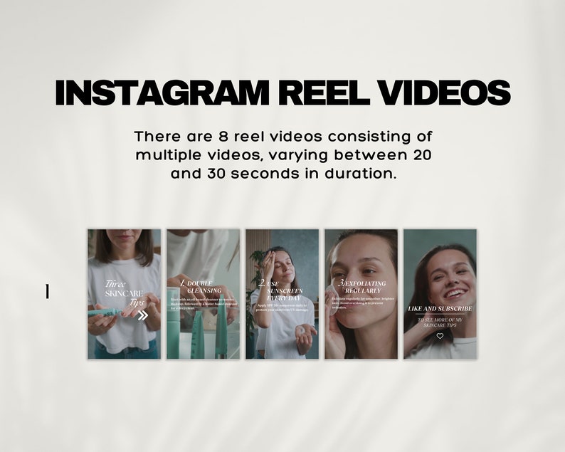 Puede incluir: Un collage de ocho videos de Instagram de tipo carrete que muestran a una mujer dando consejos de cuidado de la piel. El texto en los carretes incluye "Tres consejos de cuidado de la piel", "Doble limpieza", "Usa protector solar todos los d&iacute;as", "Exfoliar regularmente" y "Me gusta y suscribirse".