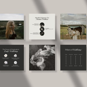 May include: Six black and white Instagram post templates with text about mental wellness, gratitude, kindness, and the pillars of wellbeing. The images include a woman in a field, a donkey, flowers, and a graphic with lines.