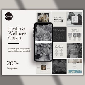 K&ouml;nnte beinhalten: Ein Mockup eines Telefonbildschirms, auf dem eine Canva-Vorlage f&uuml;r einen Gesundheits- und Wellness-Coach angezeigt wird. Die Vorlage zeigt ein Schwarzwei&szlig;-Blumenmuster und Text, der "Wohlbefinden & Widerstandsf&auml;higkeit", "Steigern Sie Ihre innere Harmonie" und "Achtsamkeit" lautet. Das Telefon befindet sich auf einer wei&szlig;en Oberfl&auml;che mit einem Schatten.