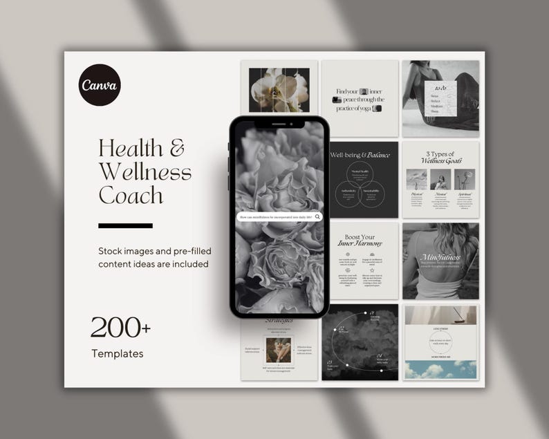K&ouml;nnte beinhalten: Ein Mockup eines Telefonbildschirms, auf dem eine Canva-Vorlage f&uuml;r einen Gesundheits- und Wellness-Coach angezeigt wird. Die Vorlage zeigt ein Schwarzwei&szlig;-Blumenmuster und Text, der "Wohlbefinden & Widerstandsf&auml;higkeit", "Steigern Sie Ihre innere Harmonie" und "Achtsamkeit" lautet. Das Telefon befindet sich auf einer wei&szlig;en Oberfl&auml;che mit einem Schatten.
