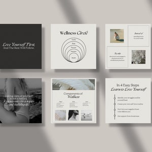 K&ouml;nnte beinhalten: Sechs Instagram-Post-Vorlagen im minimalistischen Stil. Die Posts beinhalten Text &uuml;ber Selbstliebe und Wellness sowie Illustrationen und Fotos.