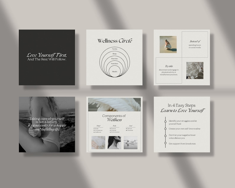 K&ouml;nnte beinhalten: Sechs Instagram-Post-Vorlagen im minimalistischen Stil. Die Posts beinhalten Text &uuml;ber Selbstliebe und Wellness sowie Illustrationen und Fotos.