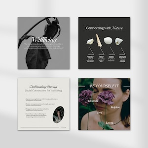 May include: Four square images with text and images related to wellbeing. The first image is a black and white photo of a wilted rose with the word "Wellbeing" in white text. The second image is a black background with four white seashells and text that says "Connecting with Nature". The third image is a white background with the text "Cultivating Strong Social Connections for Wellbeing" and a list of bullet points. The fourth image is a photo of a woman with purple flowers in front of her face and the text "BE YOURSELF IT" with the words "To smile", "Rejoice", "Live", and "Loves" below.