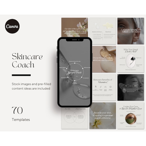 Skincare Instagram Coach Aesthetic Post Templates, Beauty Social Media Business, Luxury Esthetician, Dermatologist, Editable Canva Content