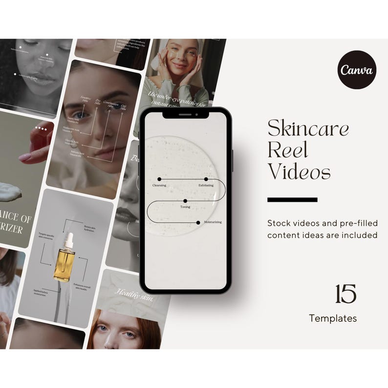 Puede incluir: Una colecci&oacute;n de 15 plantillas de video personalizables para crear carretes de cuidado de la piel. Las plantillas presentan una variedad de im&aacute;genes y texto, incluido un tel&eacute;fono que muestra un gr&aacute;fico de rutina de cuidado de la piel, un primer plano de un frasco de suero y una mujer con piel sana. El texto "Skincare Reel Videos" y "15 Templates" tambi&eacute;n est&aacute; incluido.
