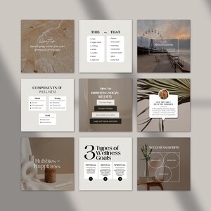 Op de afbeelding: Een set van negen Instagram-posttemplates met een neutraal kleurenpalet. De templates bevatten tekst over welzijn, waaronder tips voor het verbeteren van sociaal welzijn, soorten welzijnsdoelen en componenten van welzijn. De afbeeldingen omvatten een strandscene, een palmblad en een vaas met bloemen.