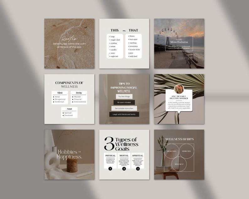 Op de afbeelding: Een set van negen Instagram-posttemplates met een neutraal kleurenpalet. De templates bevatten tekst over welzijn, waaronder tips voor het verbeteren van sociaal welzijn, soorten welzijnsdoelen en componenten van welzijn. De afbeeldingen omvatten een strandscene, een palmblad en een vaas met bloemen.