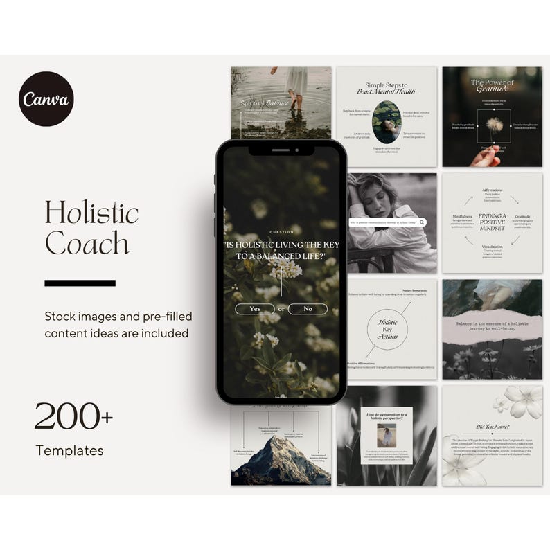 May include: A phone screen displaying a social media post with the text "Is holistic living the key to a balanced life?" with a yes or no option. The post is surrounded by other social media posts with images of nature and text about holistic living.
