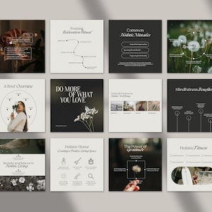 May include: A collection of nine Instagram post templates with a minimalist aesthetic. The posts feature black and white illustrations and text on a white or black background. The topics include holistic living, mindfulness, gratitude, and relaxation.