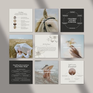 May include: A collage of nine images with text and photos related to holistic health and wellness. The images include a white horse, a woman in a field, a flower, a hand, and a beach scene. The text includes phrases like "Connecting with Earth's Energy for Holistic Vitality", "Unlocking Nature's Potential", "Harmony Blooms Where Holistic Care Takes Root", and "Self-Love Essentials".