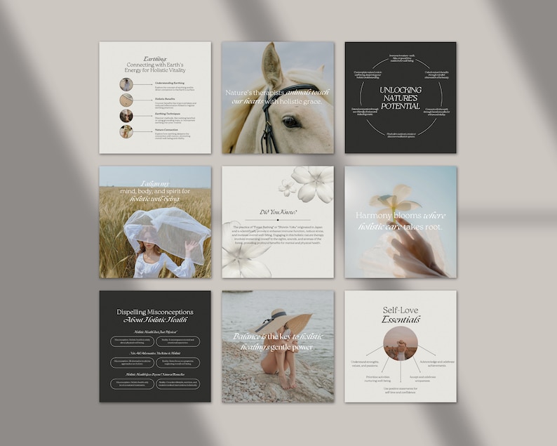 May include: A collage of nine images with text and photos related to holistic health and wellness. The images include a white horse, a woman in a field, a flower, a hand, and a beach scene. The text includes phrases like "Connecting with Earth's Energy for Holistic Vitality", "Unlocking Nature's Potential", "Harmony Blooms Where Holistic Care Takes Root", and "Self-Love Essentials".