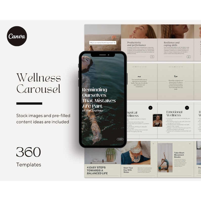 May include: A phone screen displaying a wellness carousel template with the text "Reminding Ourselves That Mistakes Are Part of the Journey". The template includes images of a woman swimming, a woman meditating, and a woman doing yoga. The text "360 Templates" is also visible on the screen.
