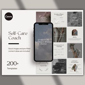 K&ouml;nnte beinhalten: Ein Telefonbildschirm, auf dem ein Mockup eines Social-Media-Rasters mit Grafiken zum Thema Selbstf&uuml;rsorge angezeigt wird. Das Raster enth&auml;lt Bilder von Wolken, einer Hand, die einen Kristall h&auml;lt, und ein Diagramm der Schnittmenge von Wohlbefinden. Der Text "Self-Care Coach" wird oben auf dem Bildschirm angezeigt. Der Text "200+ Templates" wird unten auf dem Bildschirm angezeigt.