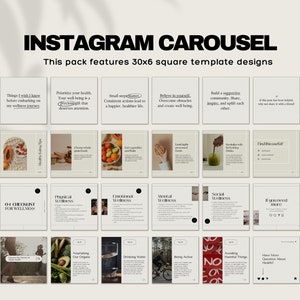 May include: A set of 18 Instagram carousel templates for wellness. The templates feature a minimalist design with a beige background and black text. The text includes phrases like "Things I wish I knew before embarking on my wellness journey", "Prioritize your health", "Small steps matter", "Believe in yourself", "Build a supportive community", "Find your self", "01 Checklist for Wellness", "Physical Wellness", "Emotional Wellness", "Mental Wellness", "Social Wellness", "Inspired More", "Nourishing Our Organs", "Drinking Water", "Being Active", "Avoiding Harmful Things", "Have More Questions About Health".