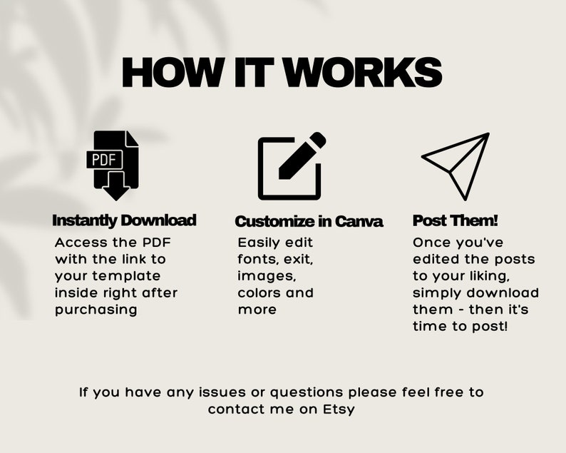 May include: A black and white graphic illustration showing how to use a digital template. The illustration shows a PDF icon, a pencil icon, and a paper airplane icon. The text "Instantly Download", "Customize in Canva", and "Post Them!" are below each icon. The text "If you have any issues or questions please feel free to contact me on Etsy" is at the bottom of the image.