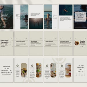 May include: A beige and brown social media template with text that reads "Embracing Tranquility: Discover the World of Tea Rituals". The template is divided into sections with text about tea varieties, tea ceremonies, tea and relaxation, and tea-inspired self-care. The template also includes a section with text that reads "Healthy Eating Shouldn't Be Complicated" and a section with text that reads "Are You Enjoying My Content?"