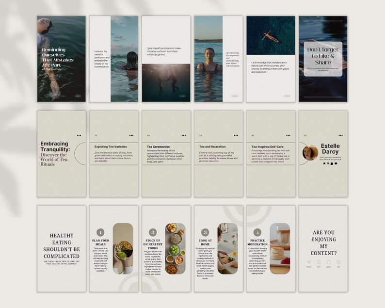 May include: A beige and brown social media template with text that reads "Embracing Tranquility: Discover the World of Tea Rituals". The template is divided into sections with text about tea varieties, tea ceremonies, tea and relaxation, and tea-inspired self-care. The template also includes a section with text that reads "Healthy Eating Shouldn't Be Complicated" and a section with text that reads "Are You Enjoying My Content?"