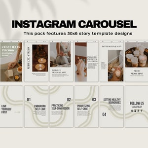 May include: Instagram carousel template design featuring a minimalist aesthetic with a beige background and green accents. The text "Instagram Carousel" is in bold black font. The text "This pack features 30x6 story template designs" is in black font. The carousel includes images of candles, a person meditating, and text about self-care, setting healthy boundaries, and more.