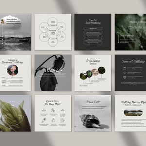 May include: A collage of nine Instagram-style squares with tips and advice on wellbeing. The squares feature text, illustrations, and nature imagery. The text includes phrases like "Boosting Emotional Wellbeing", "Yoga for Total Wellbeing", and "Quick Tips for Busy Days".